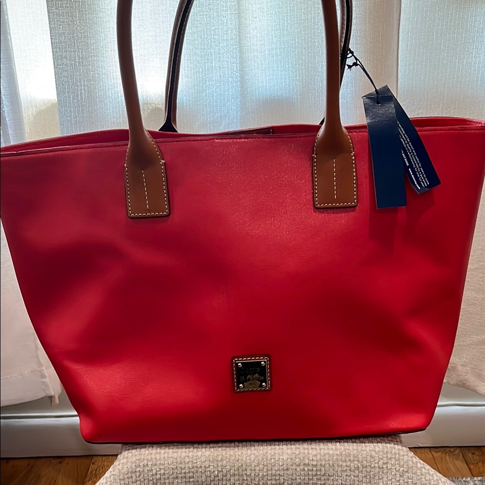 Dooney & Bourke Red Leather Tote with Brown Handles